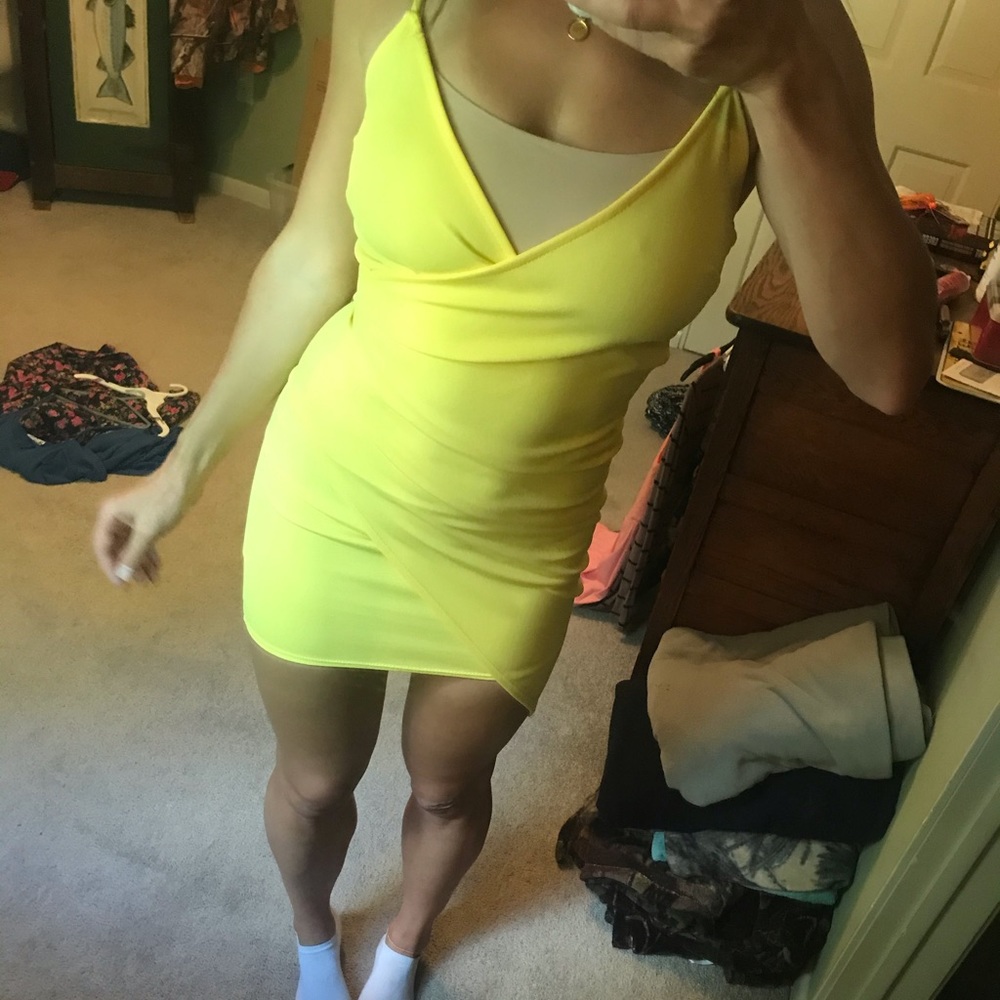 Yellow asymmetrical bodycon wrap dress